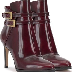 Vince Camuto Burgundy Patent Leather Ankle Boots with Buckle Straps